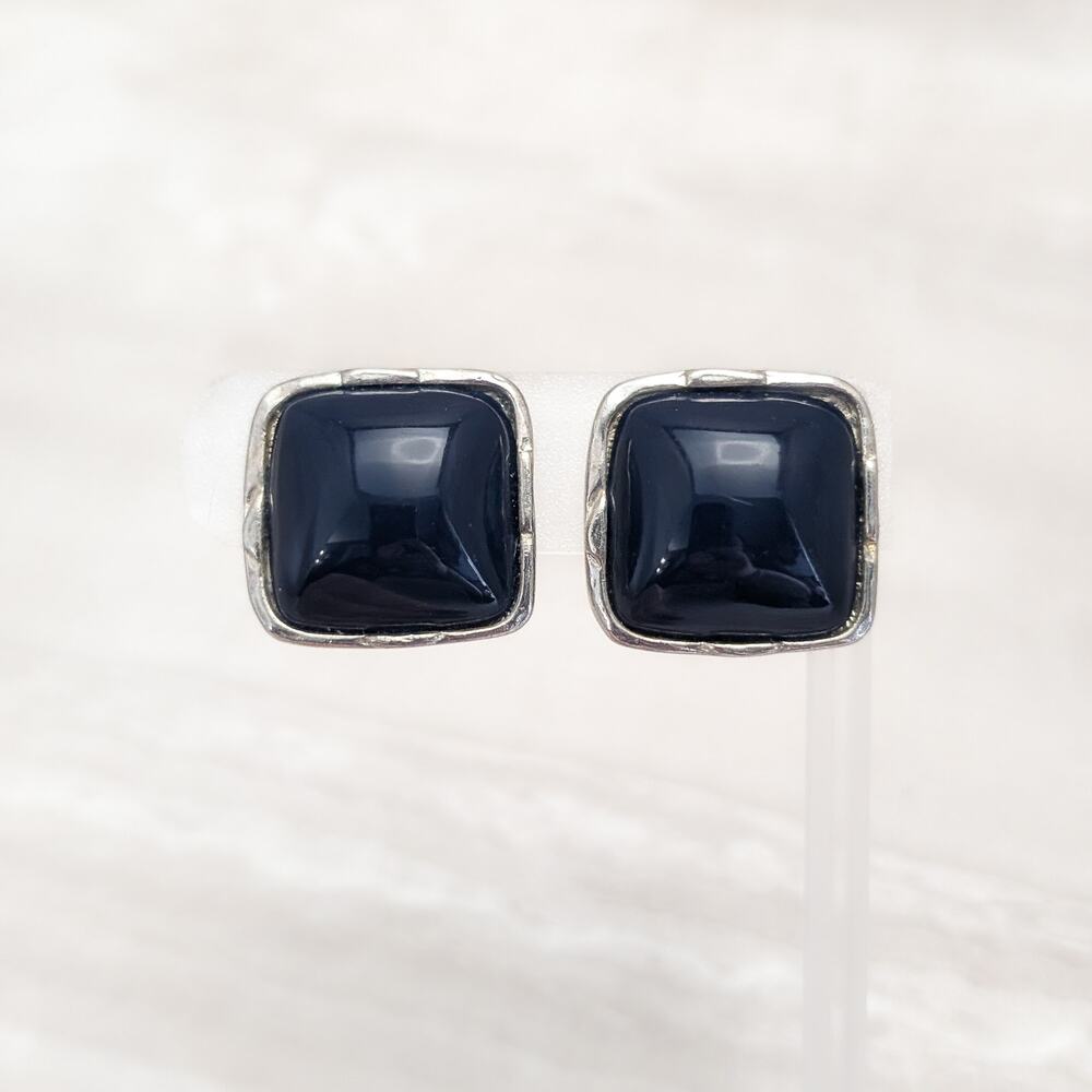 Vintage Clip On Earrings Rounded Square Dark Blue with Silver Tone Halo Large